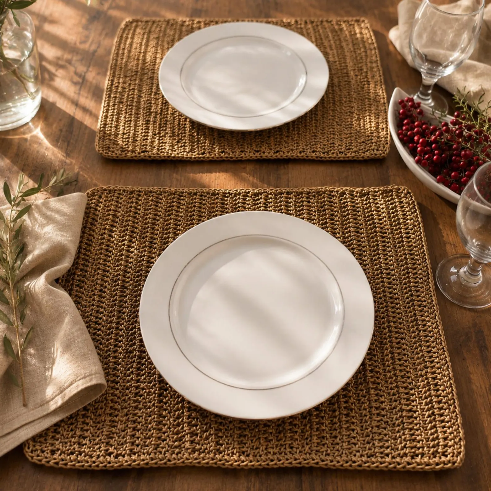Boho Stripes & Natural Paper Yarn Placemat Set