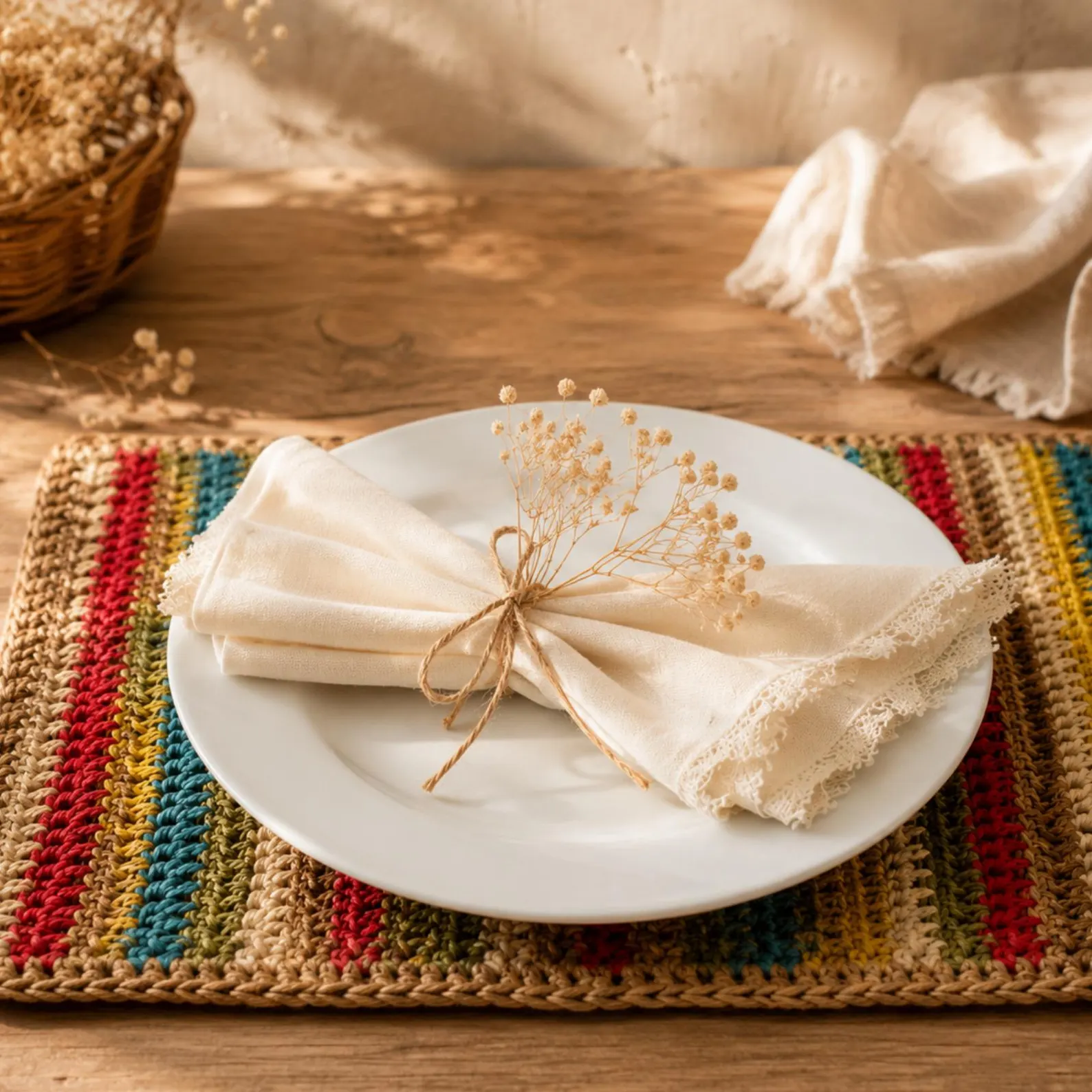 Boho Stripes & Natural Paper Yarn Placemat Set