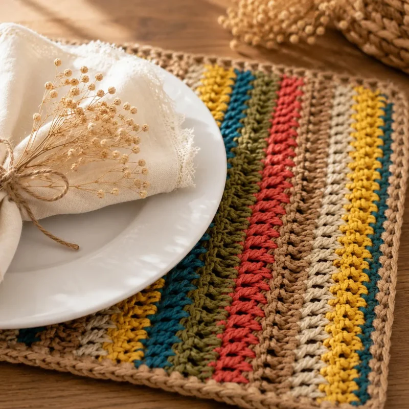 Boho Stripes & Natural Paper Yarn Placemat Set
