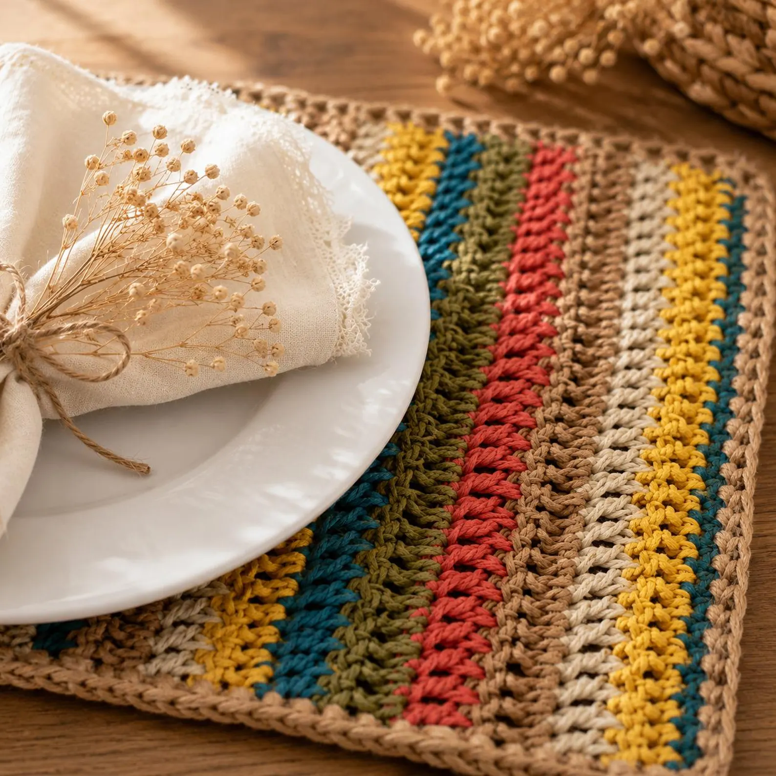 Boho Stripes & Natural Paper Yarn Placemat Set
