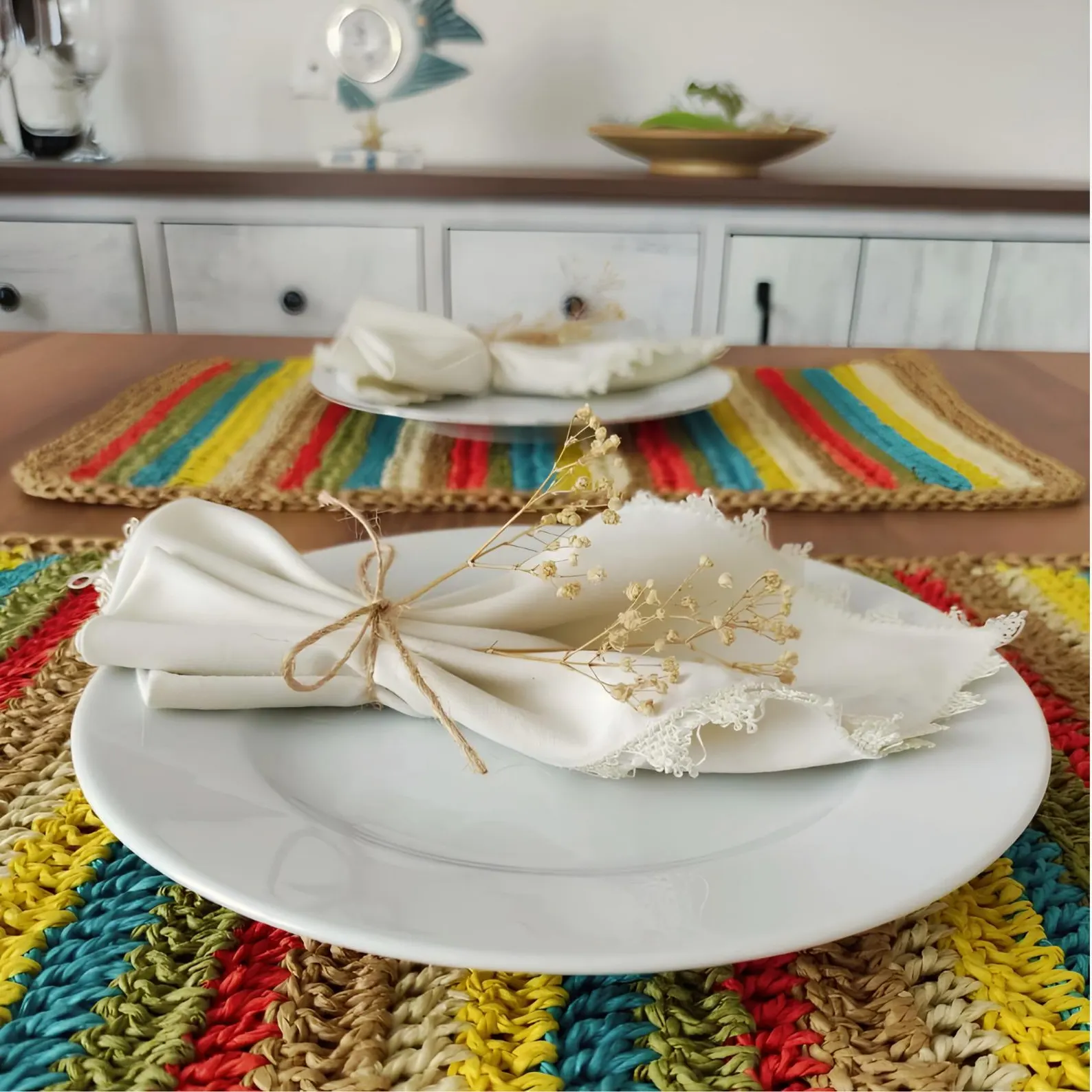 Boho Stripes & Natural Paper Yarn Placemat Set