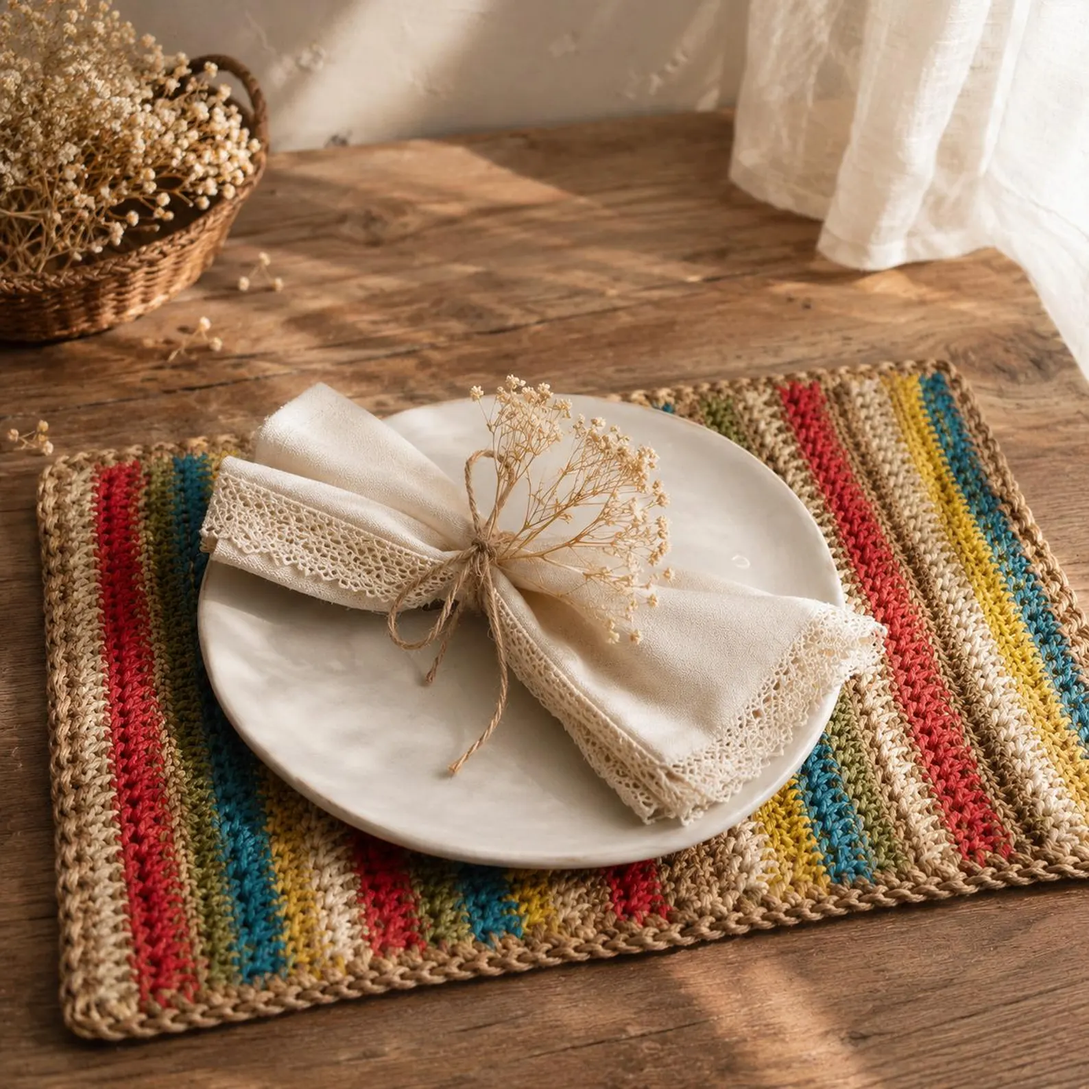Boho Stripes & Natural Paper Yarn Placemat Set