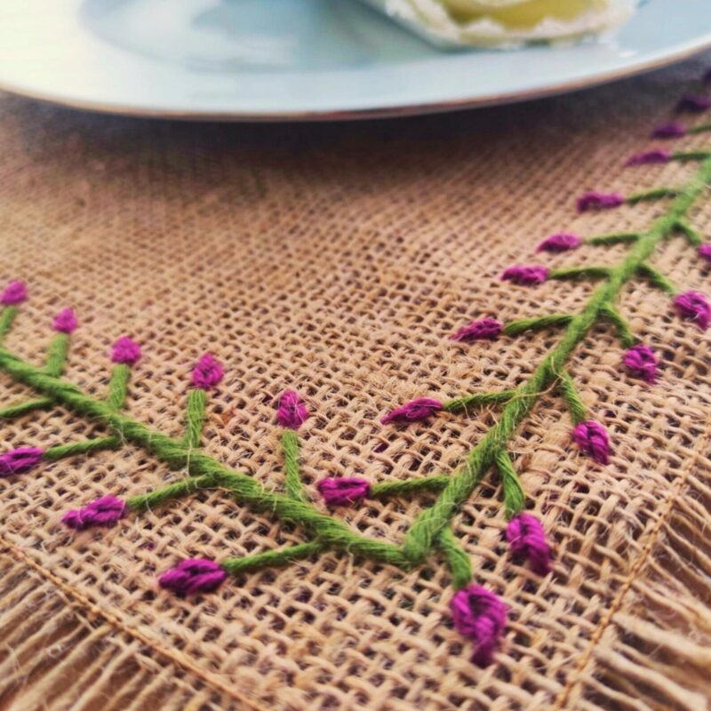 Hand Embroidered Burlap Floral Border Rustic Placemat