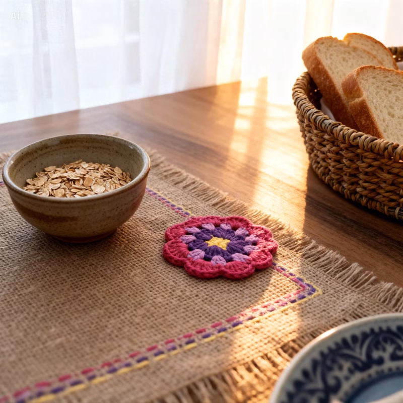 Hand Embroidered Burlap Floral Corner Placemat