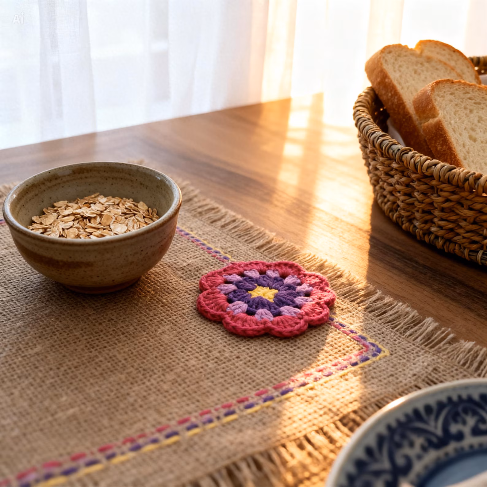 Hand Embroidered Burlap Floral Corner Placemat