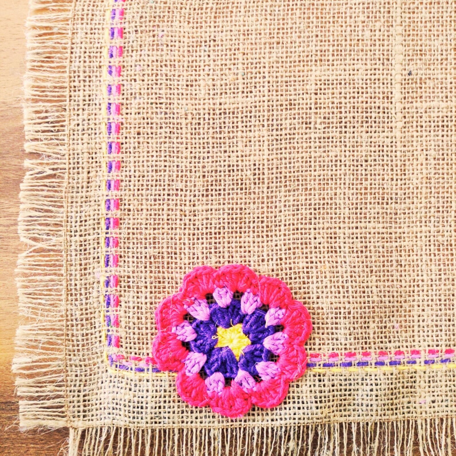 Hand Embroidered Burlap Floral Corner Placemat
