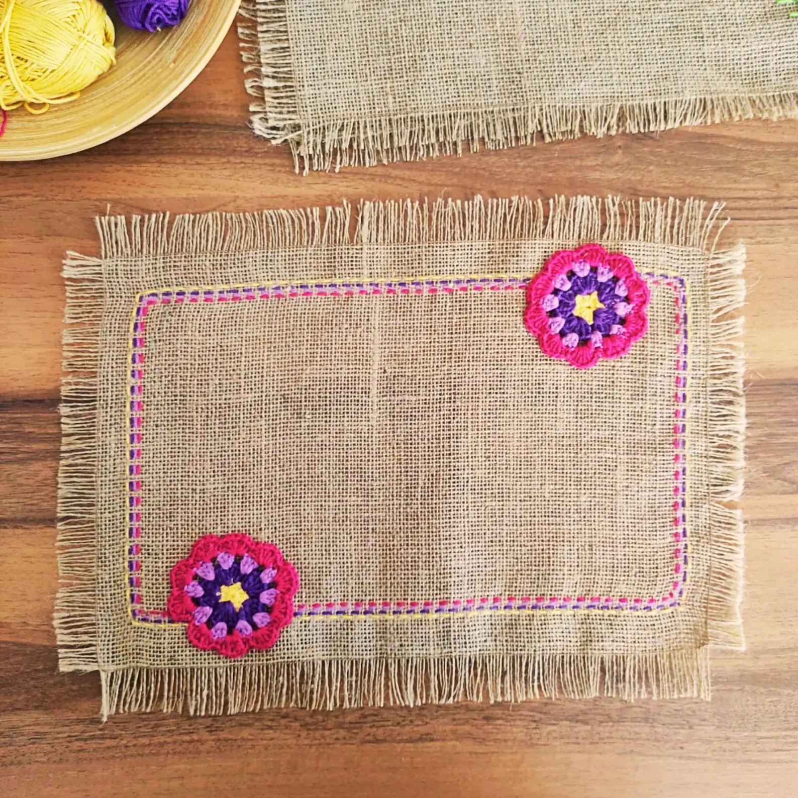 Hand Embroidered Burlap Floral Corner Placemat