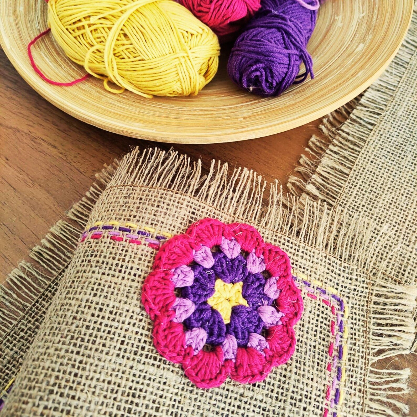 Hand Embroidered Burlap Floral Corner Placemat