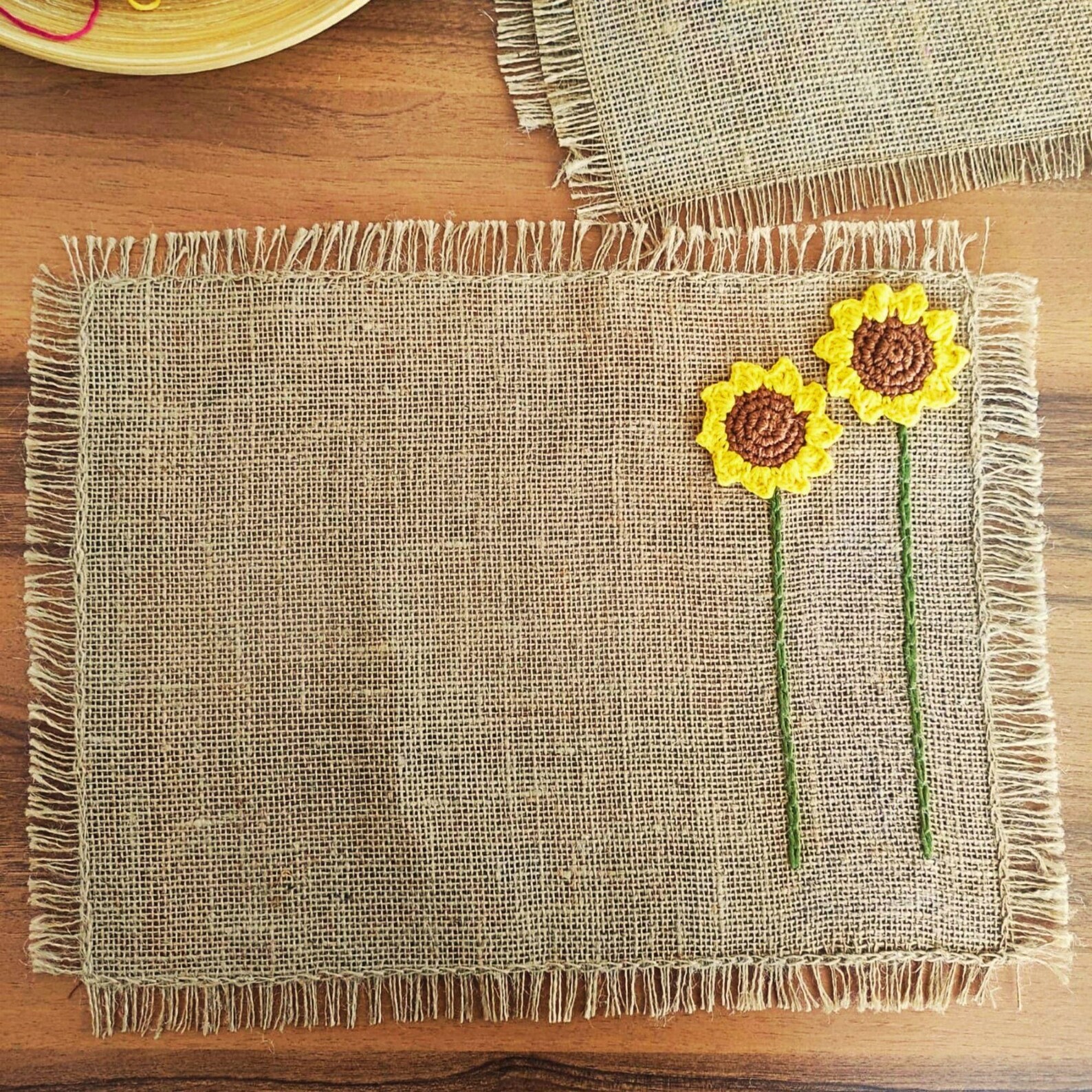 Hand Embroidered Burlap Floral Corner Placemat