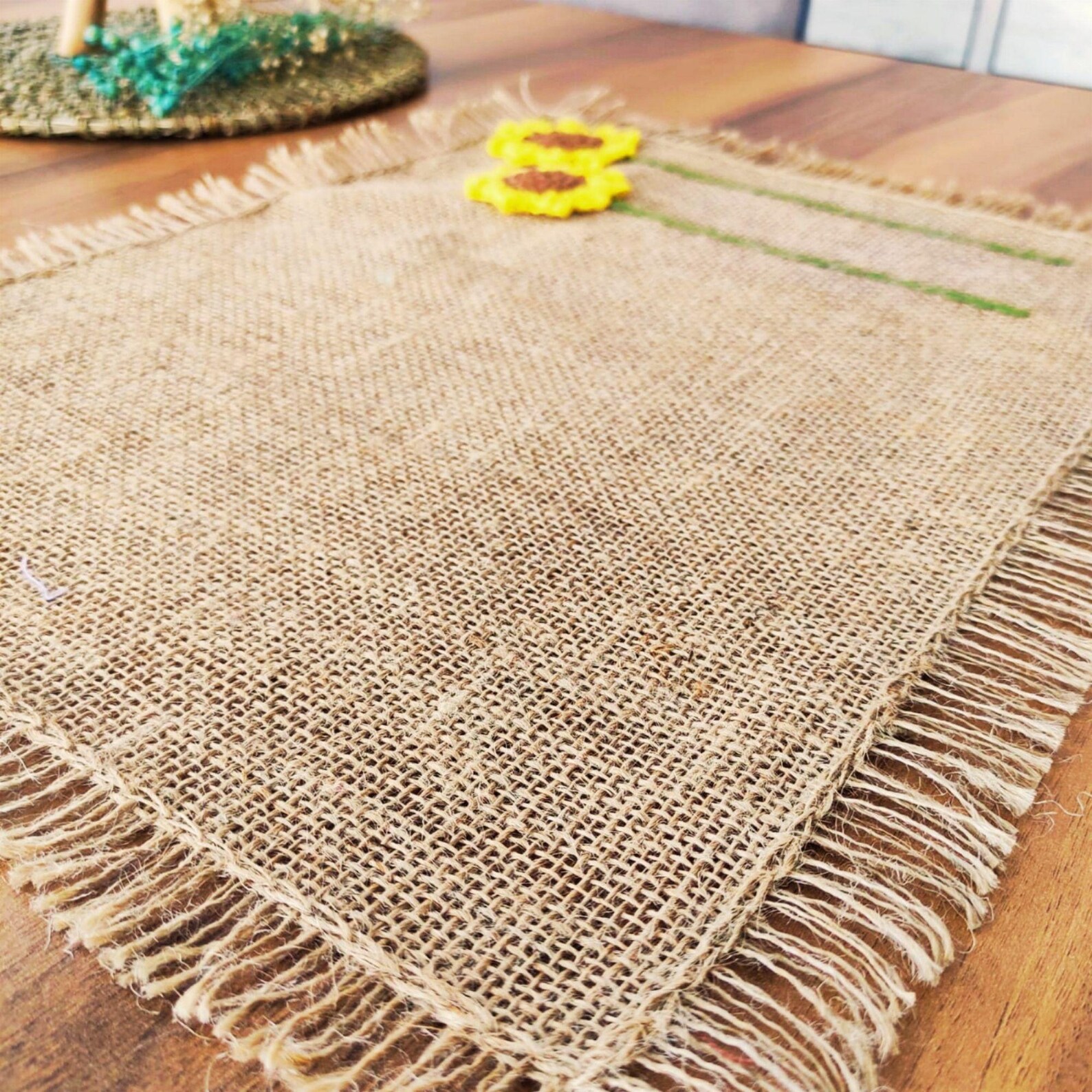 Hand Embroidered Burlap Floral Corner Placemat