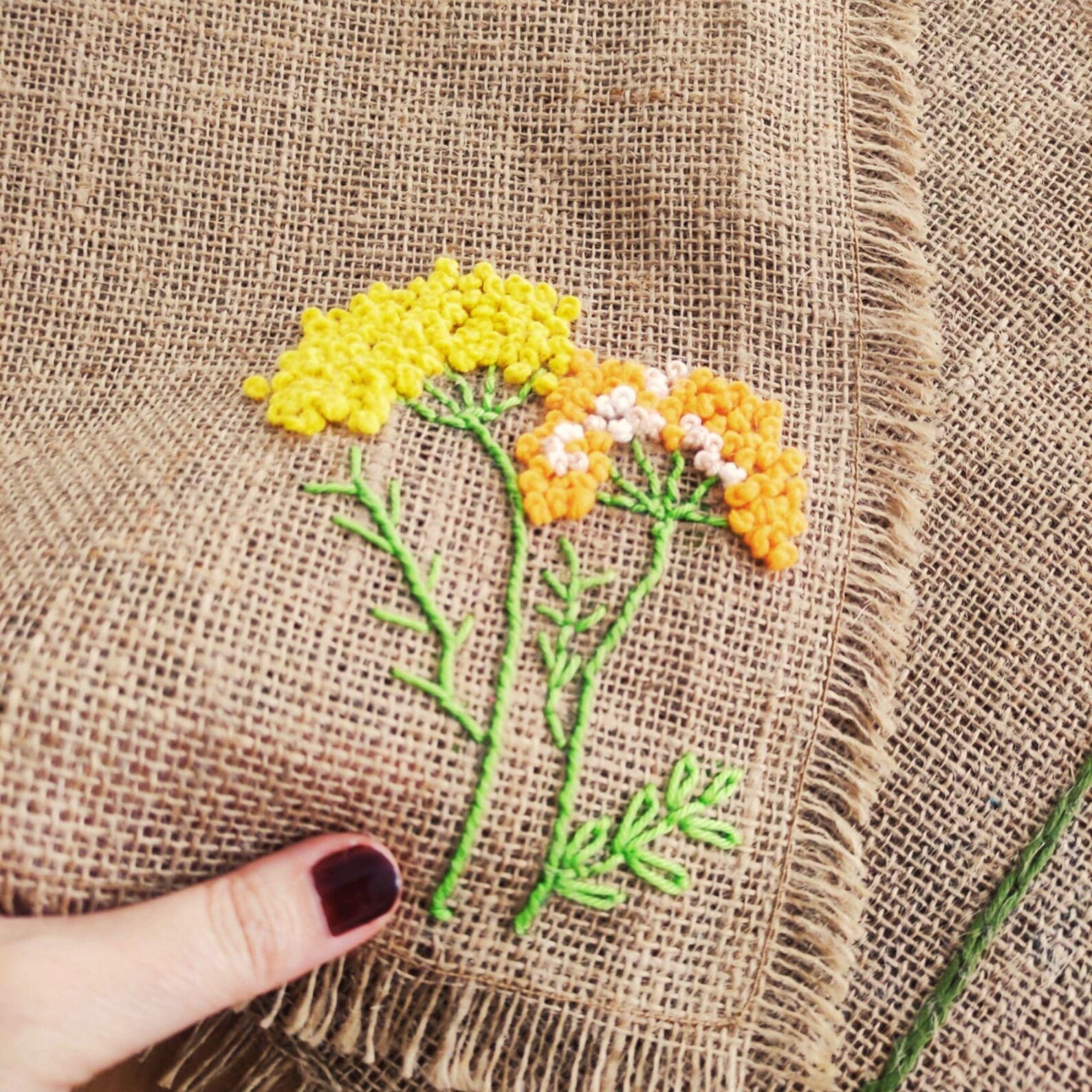 Hand Embroidered Burlap Floral Corner Placemat