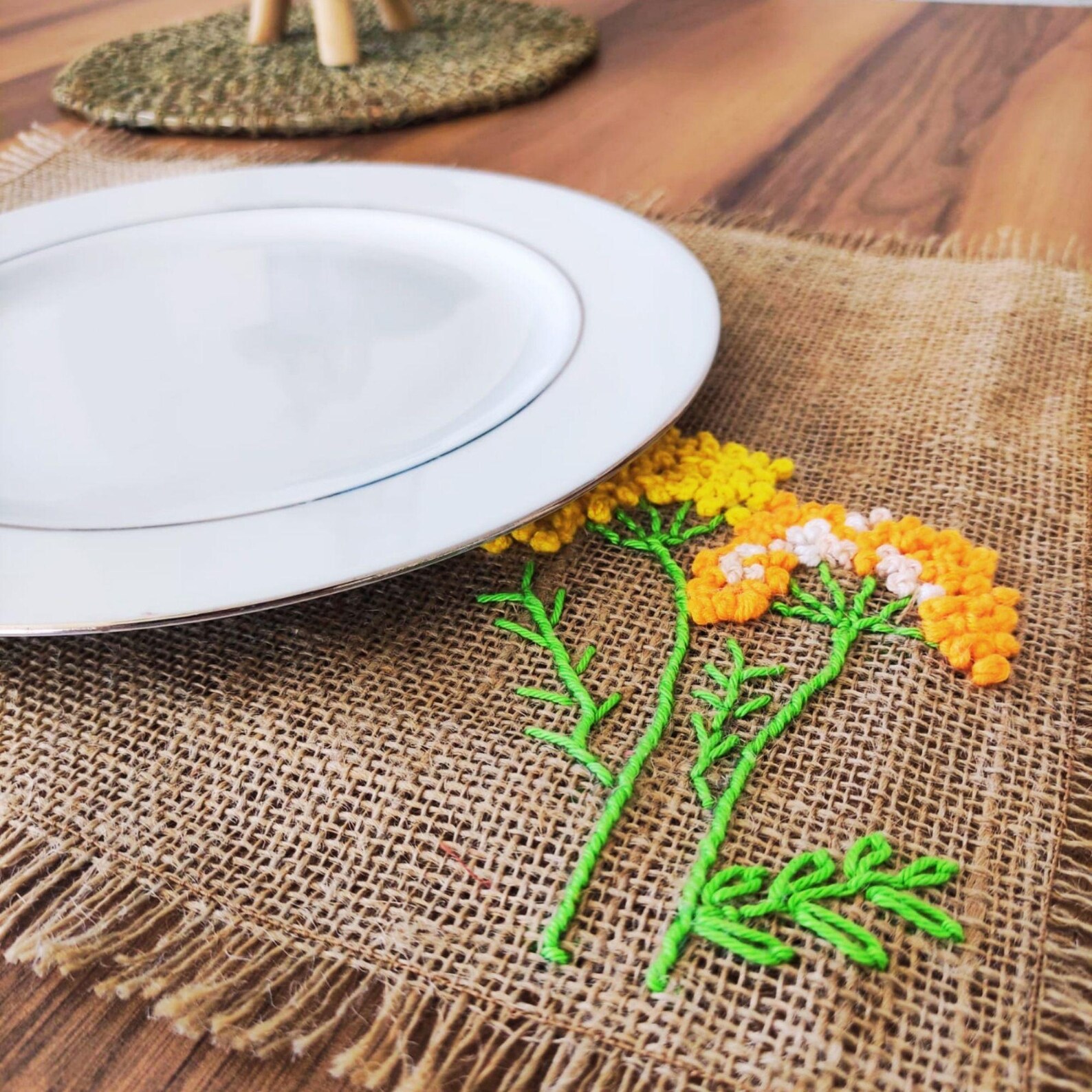 Hand Embroidered Burlap Floral Corner Placemat