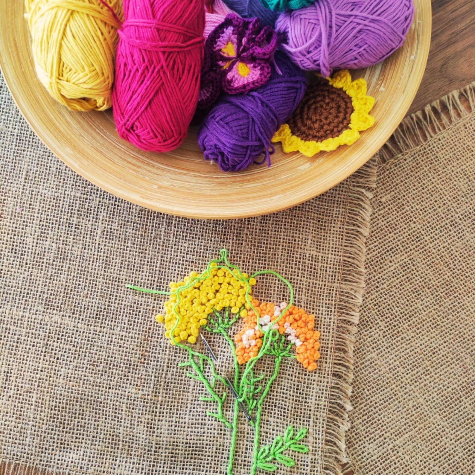 Hand Embroidered Burlap Floral Corner Placemat