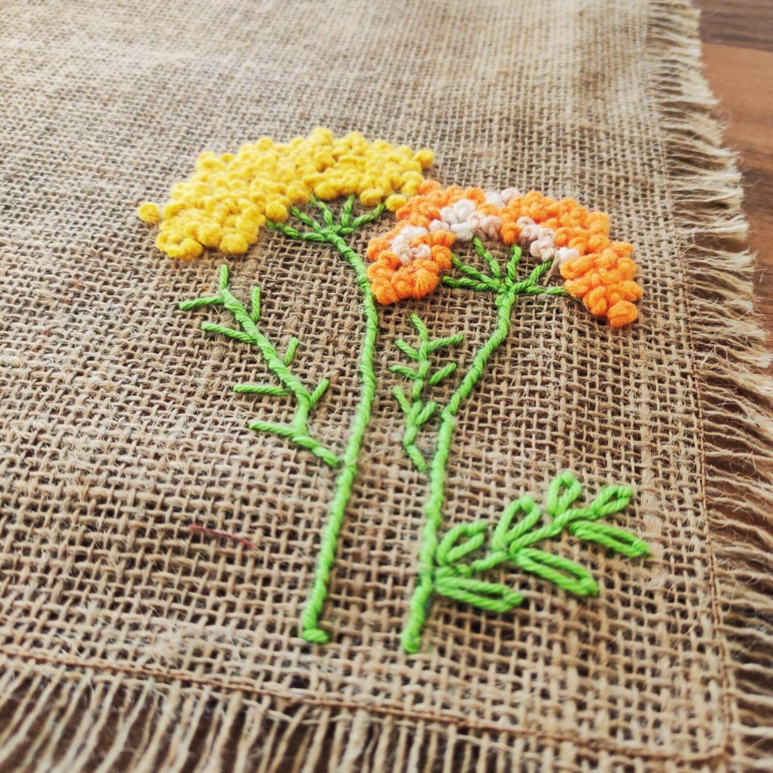 Hand Embroidered Burlap Floral Corner Placemat