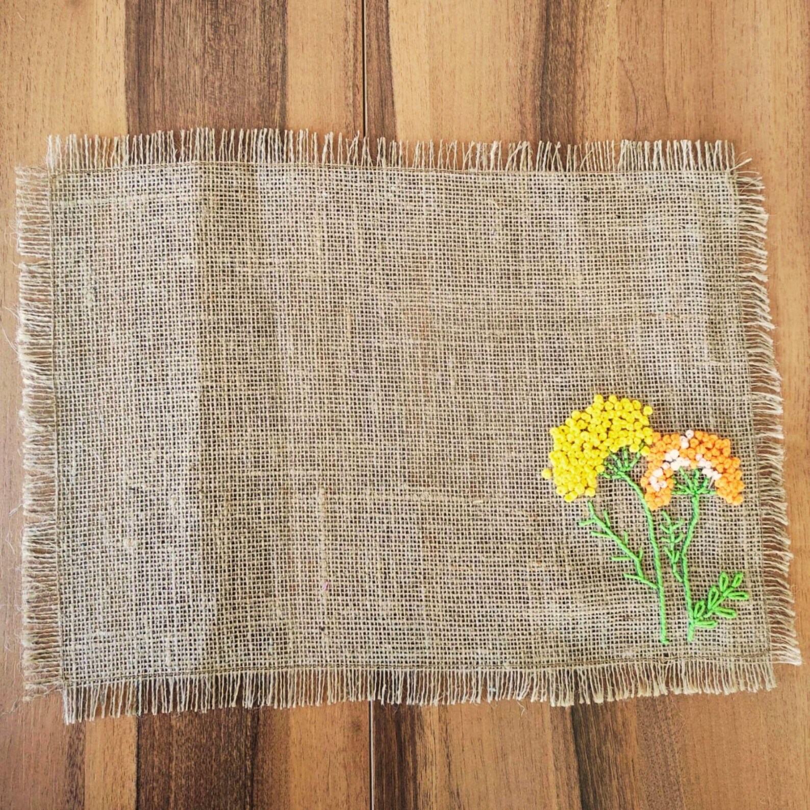 Hand Embroidered Burlap Floral Corner Placemat