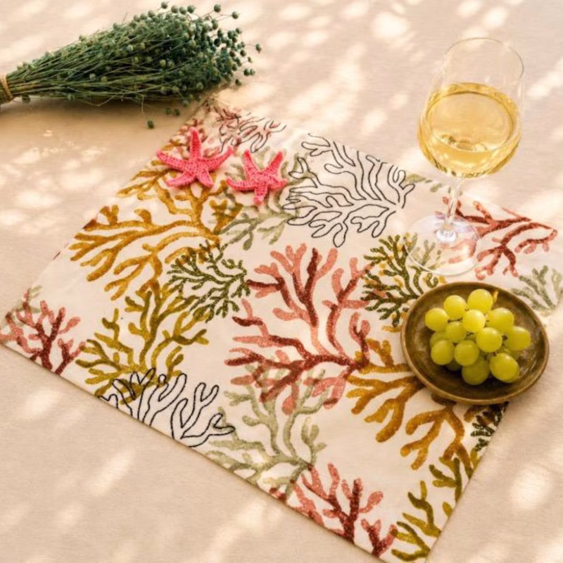 Handmade Coral Pattern Woven Fabric Placemat Set